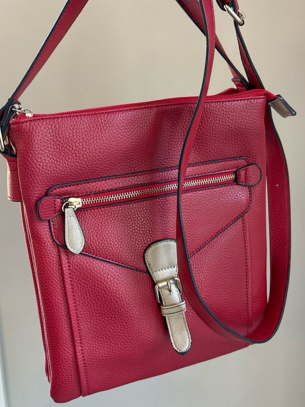 Charming Charlie Red Pebbled Leather Crossbody with Tan Trim
